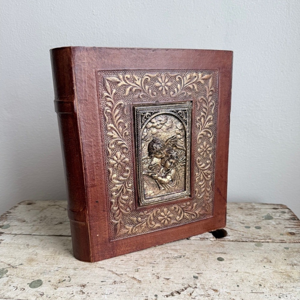 Vintage Ornate Wooden Book Box Cherub Angel Relief Embossed Hidden Storage